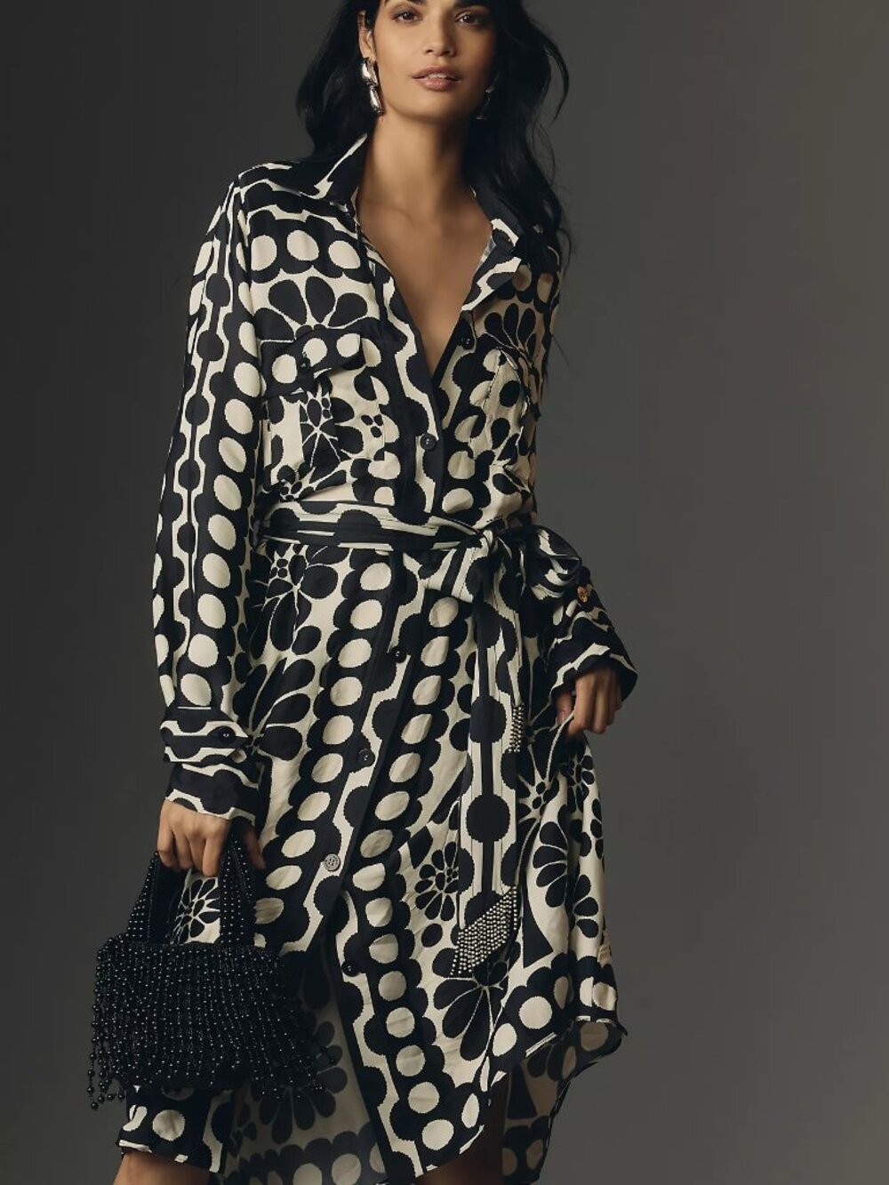 FARM Rio - Palermo Long Sleeve Belted Midi Shirtdress, black & white print, XXS - Picture 7 of 12